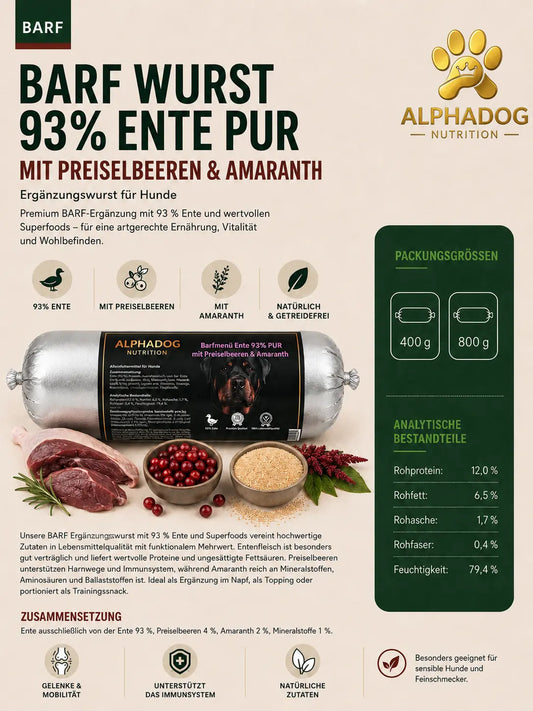 BARF Ergänzungswurst 93% Ente PUR mit Preiselbeeren & Amaranth - Allergiker, + Immunsystem Alphadog Nutrition