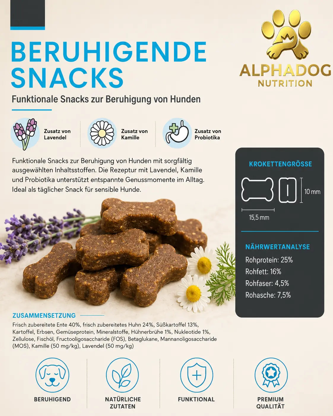 Supplements, Beruhigende Snacks, Entspannung bei Stress & Angst 64% Fleischanteil Alphadog Nutrition