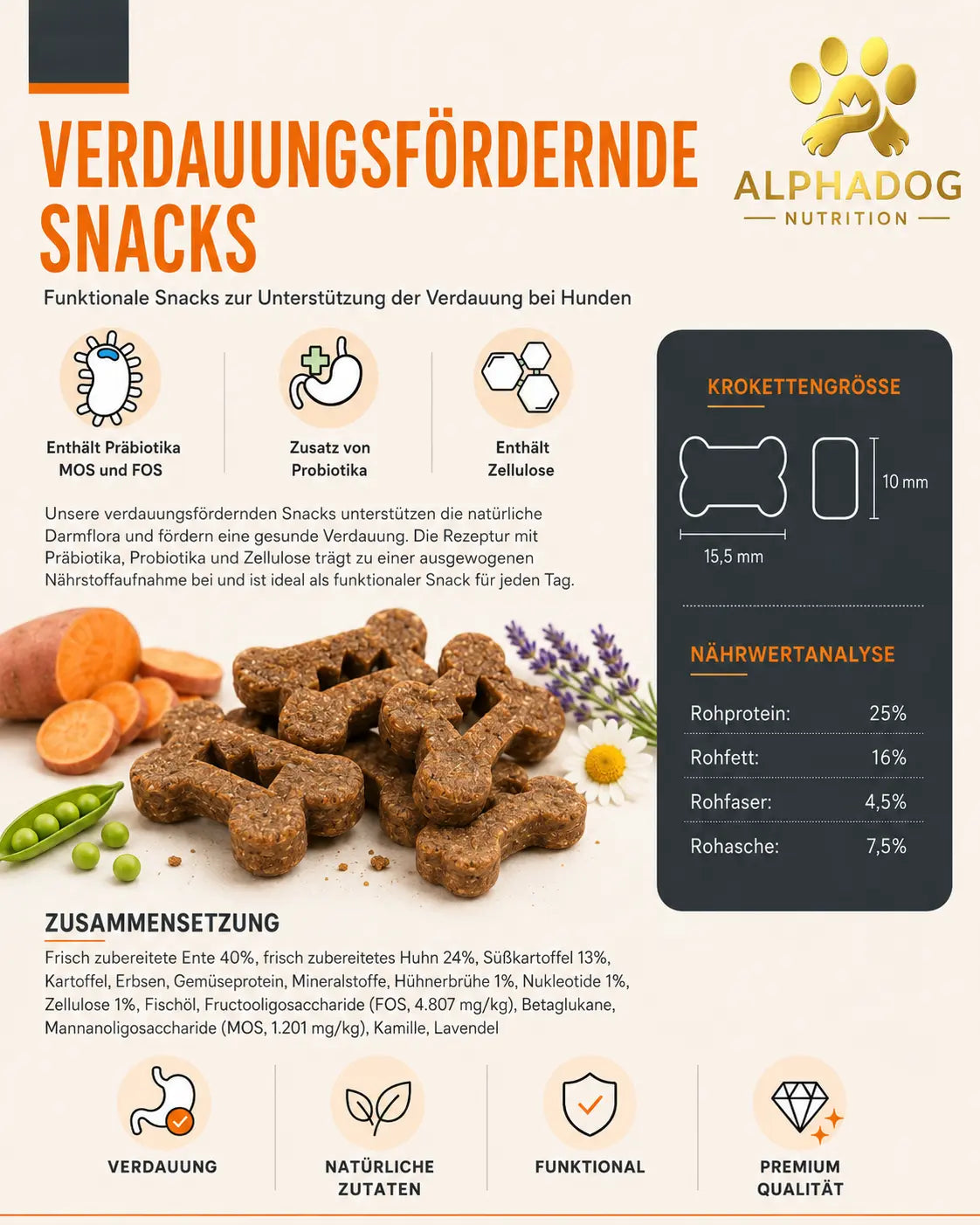 Supplements, Verdauungsfördernde Snacks 64% Fleischanteil Alphadog Nutrition