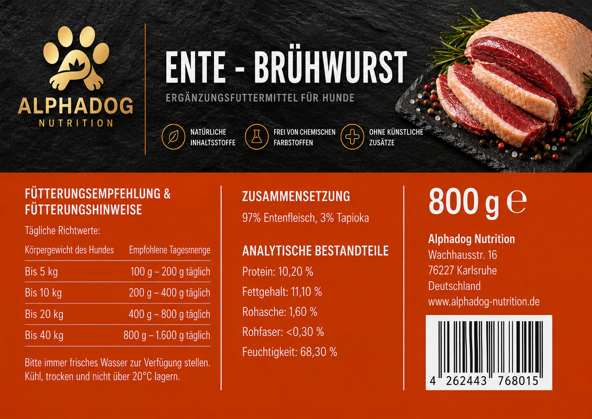 97% Entenfleisch PUR Trainingswurst - BARF Ergänzungswurst Alphadog Nutrition
