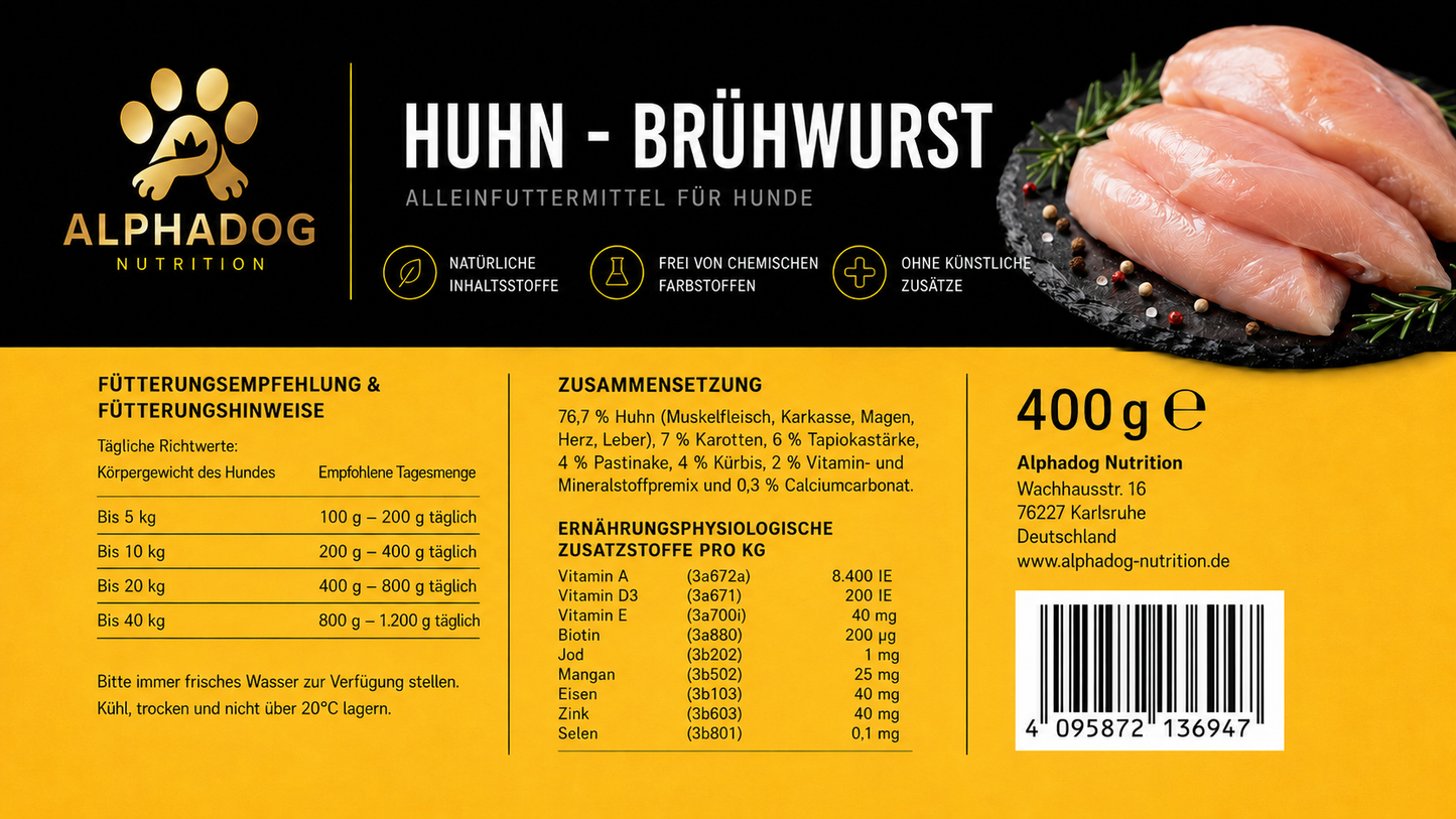 Huhn BARF Wurst Menü mit Kürbis, Pastinake & Karotten, Alleinfuttermittel - Verdauung, Immunsystem Alphadog Nutrition
