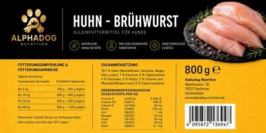 Huhn BARF Wurst Menü mit Kürbis, Pastinake & Karotten, Alleinfuttermittel - Verdauung, Immunsystem Alphadog Nutrition