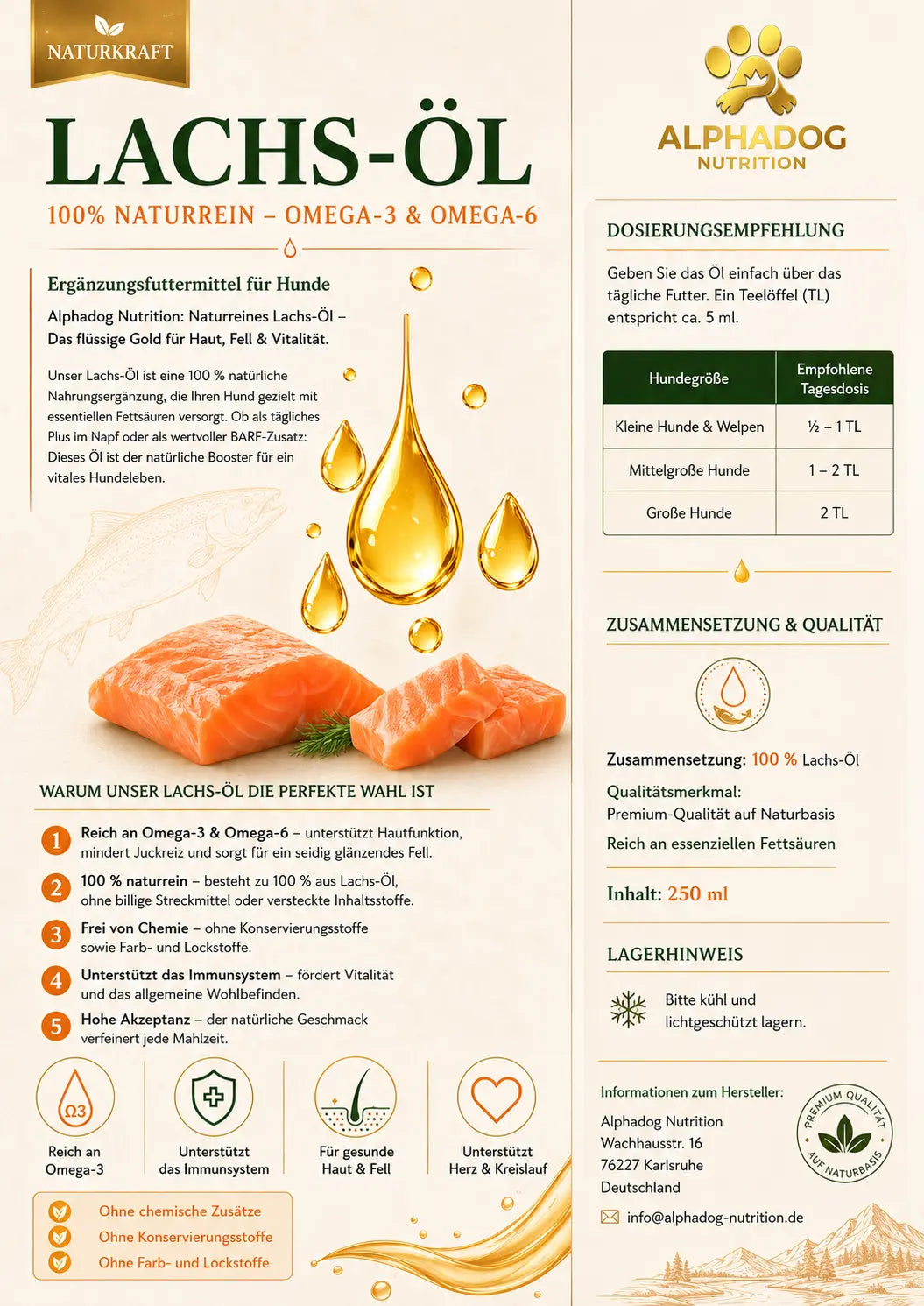 Naturreines Lachs-Öl mit Omega-3 & 6 Alphadog Nutrition