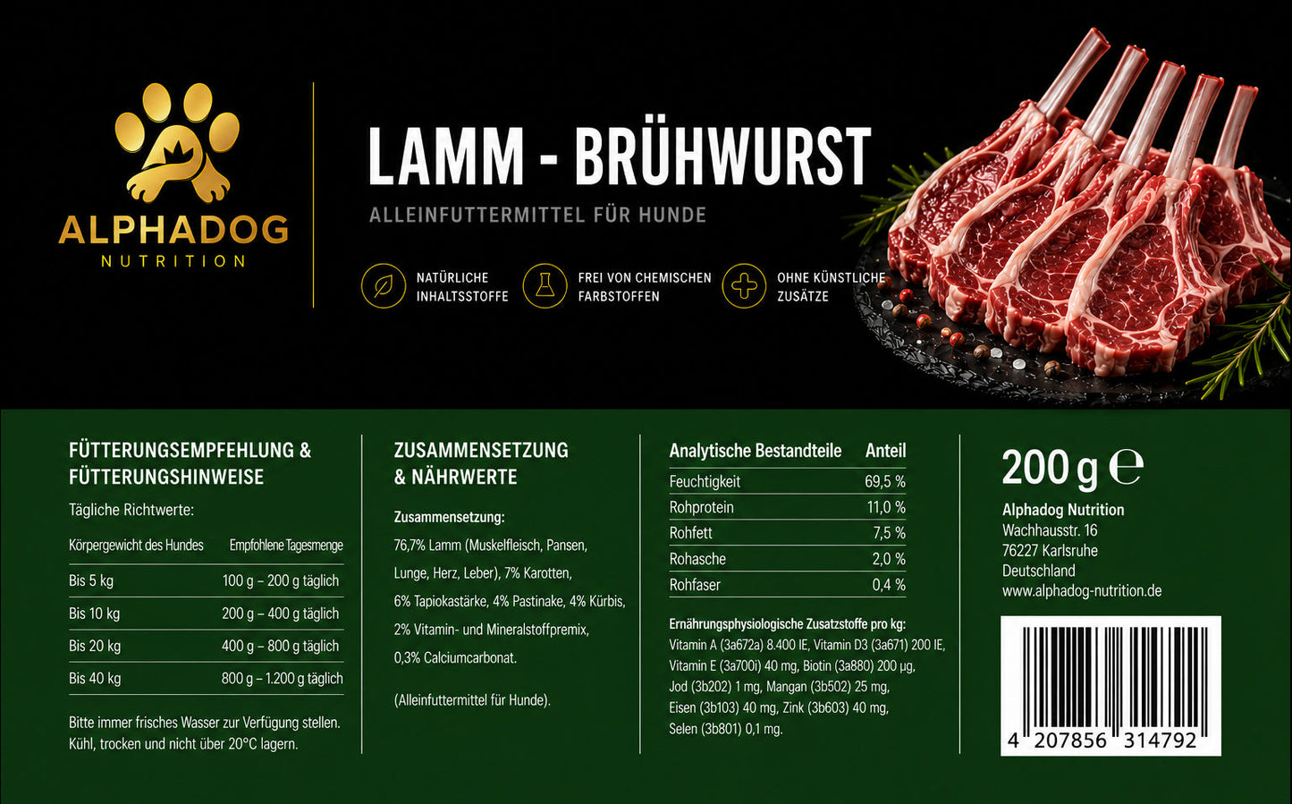 Lamm BARF Wurst Menü mit Kürbis, Pastinake & Karotten, Alleinfuttermittel - Magen-Darm-Schonung Alphadog Nutrition