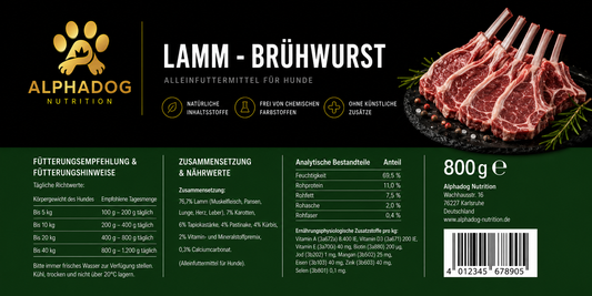Lamm BARF Wurst Menü mit Kürbis, Pastinake & Karotten, Alleinfuttermittel - Magen-Darm-Schonung Alphadog Nutrition