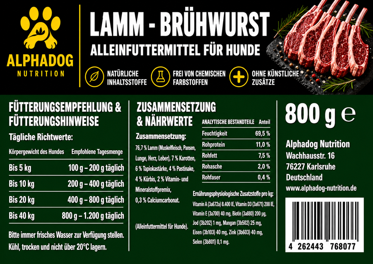 Lamm BARF Ergänzungswurst, Superfood Menü mit Kürbis, Pastinake & Karotten. Alleinfuttermittel - Magen-Darm-Schonung Alphadog Nutrition