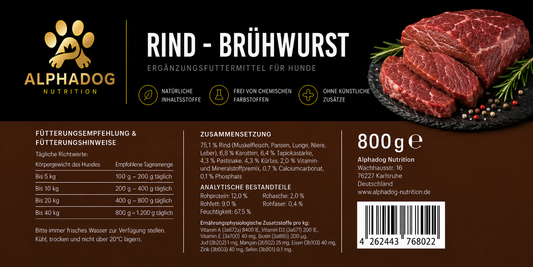 Rind BARF Wurst Menü mit Kürbis, Pastinake & Karotten, Alleinfuttermittel - Vitalität, Haut & Muskeln Alphadog Nutrition