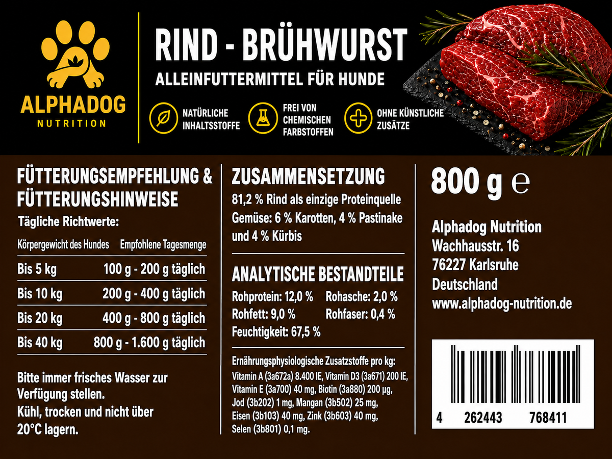 Rind BARF Ergänzungswurst, Superfood Menü mit Kürbis, Pastinake & Karotten. Alleinfuttermittel - Vitalität, Haut & Muskeln Alphadog Nutrition