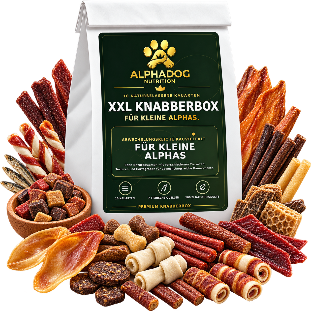 Kleine Alphas XXL Kausnack Bundle – 10 teilige Knabberbox - Versandkostenfrei Alphadog Nutrition
