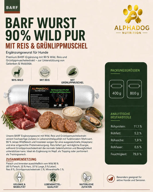 BARF Ergänzungswurst 90% Pute PUR mit Hirse & Apfel - Verdauung, + Immunsystem Alphadog Nutrition
