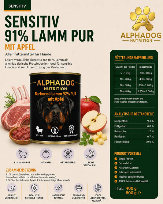 Premium Sensitiv 91% Lamm mit Apfel - Allergie Schutz Alphadog Nutrition
