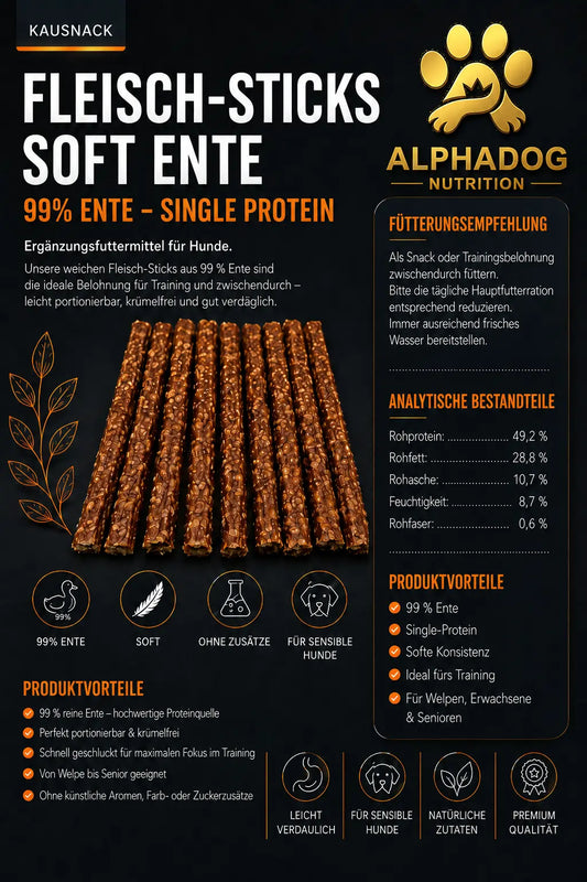 Premium 99% Ente Fleisch Sticks - Sensible Mägen Alphadog Nutrition