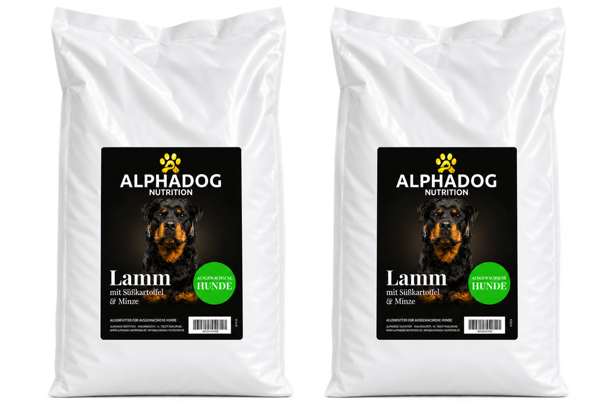 Getreidefreies Trockenfutter 50% Lamm davon 30% frisch zubereitet mit Fischöl, 23% Süßkartoffel, 9% Erbsen & Minze - Allergie, Immunsystem – ga-petfood – von Al