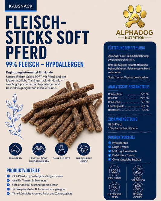 Premium Fleisch Sticks 99% Pferd - Hypoallergen Alphadog Nutrition