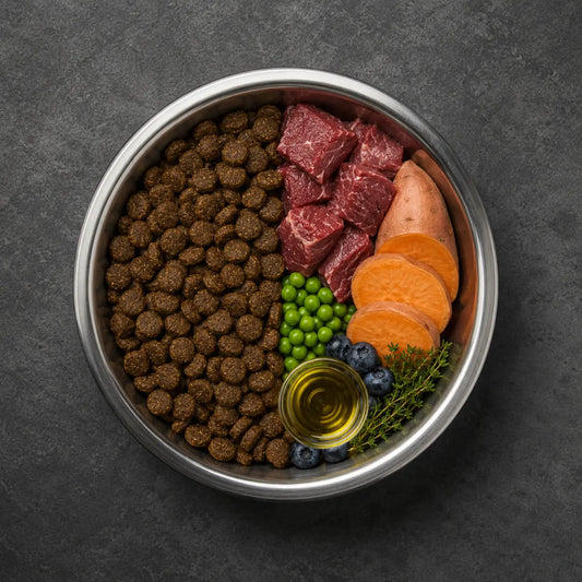 Premium 50% Angus Rind frisch zubereitet, mit Süßkartoffel, Erbsen & Karotte - Aktive Darmpflege, Kraftquelle Alphadog Nutrition