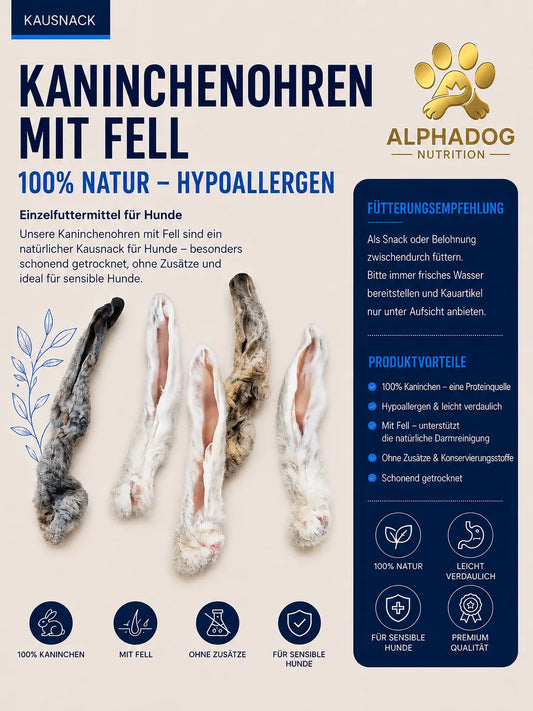 Premium 100% Kaninchenohren mit Fell - Verdauung, + Sensitiv Alphadog Nutrition