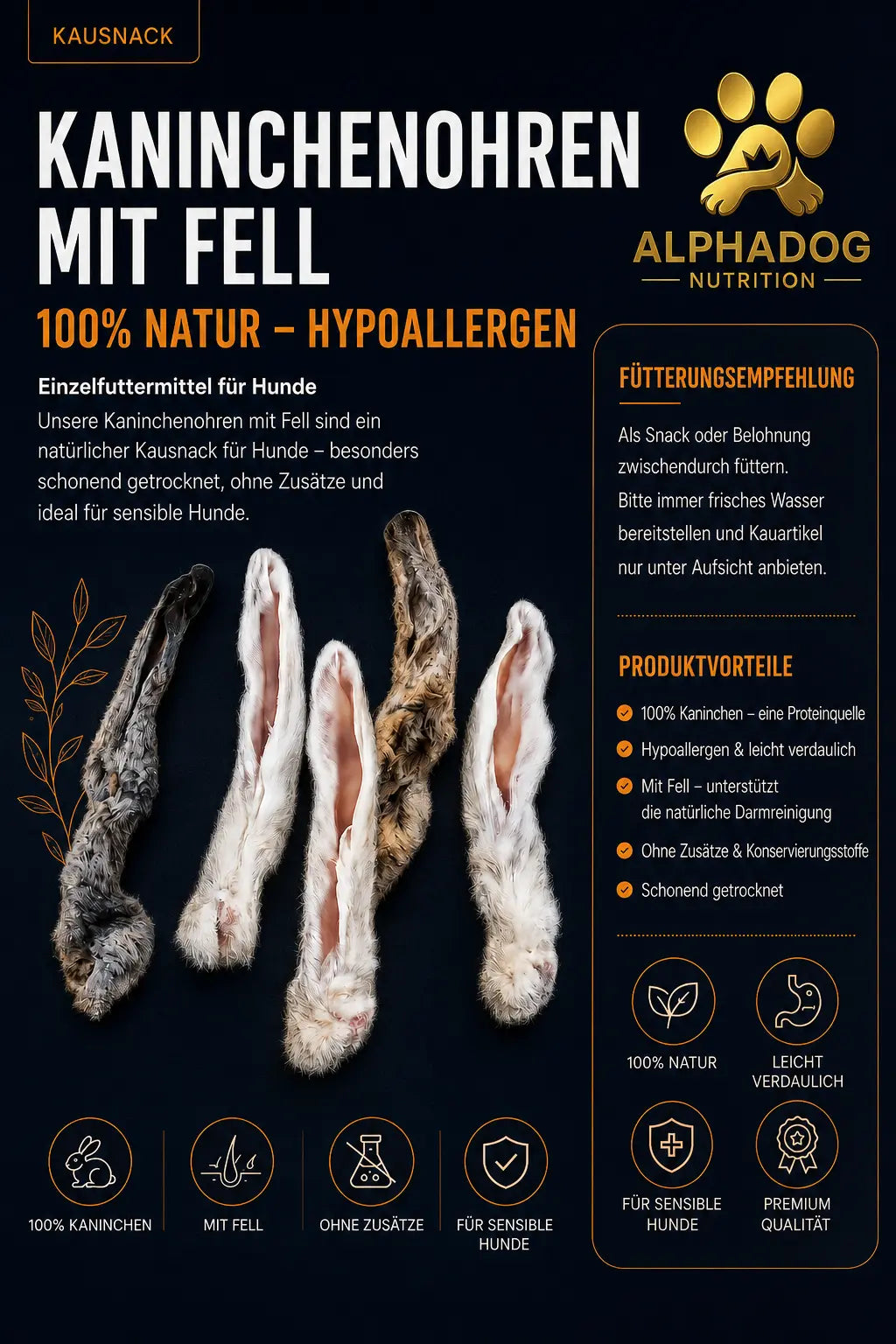 Premium 100% Kaninchenohren mit Fell - Verdauung, Sensitiv Alphadog Nutrition