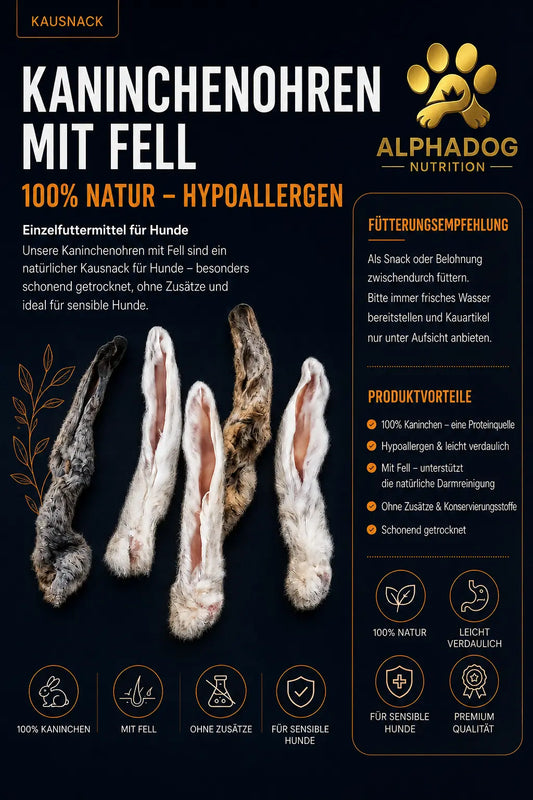 Premium 100% Kaninchenohren mit Fell - Verdauung, Sensitiv Alphadog Nutrition