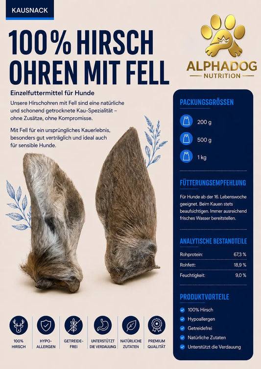 Premium 100% Hirsch Ohren mit Fell - Verdauung, + Allergien Alphadog Nutrition