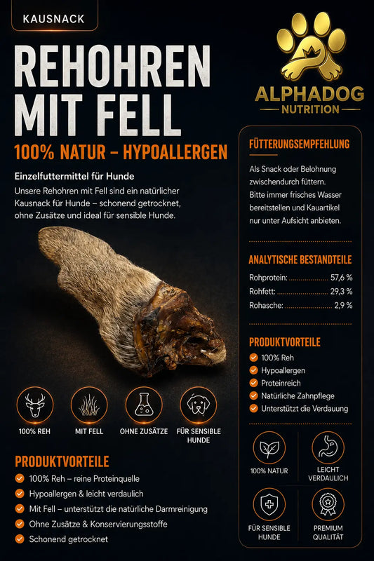 Premium 100% Rehohren mit Fell - Hypoallergene Alphadog Nutrition