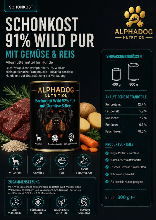 Premium Sensitiv 91% Wild mit Gemüse & Reis - Verdauung Alphadog Nutrition