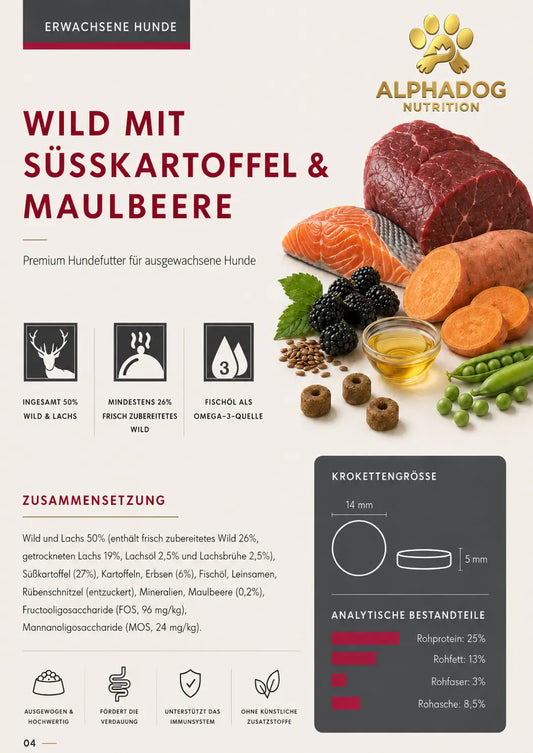 Premium Adult mit 50% frischem Wild & Hirsch, Süßkartoffel, Lachs & Maulbeere Alphadog Nutrition
