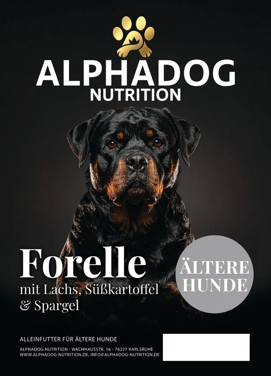 Premium Senior mit 50% frischem Forelle mit Lachs, Süßkartoffel & Spargel - Omega 3, Gelenkschutz Alphadog Nutrition