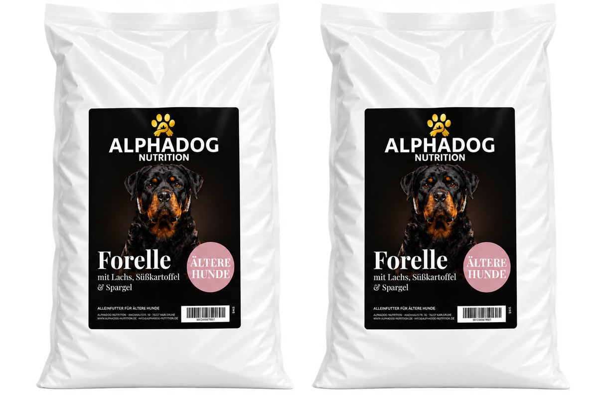 Getreidefreies Trockenfutter für Senior 50% Forelle mit Lachs davon 30% frischem Forelle mit 24% Süßkartoffel, 3% Lachsöl, 6% Erbsen & Spargel - Omega 3, Gelenk
