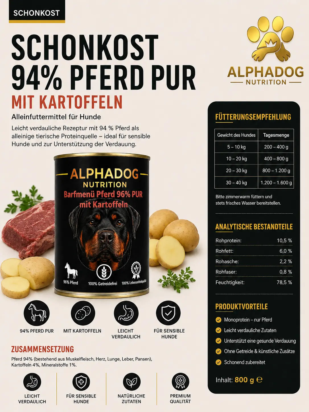 Premium Sensitiv 94% Pferd mit Kartoffeln - Schonkost Alphadog Nutrition