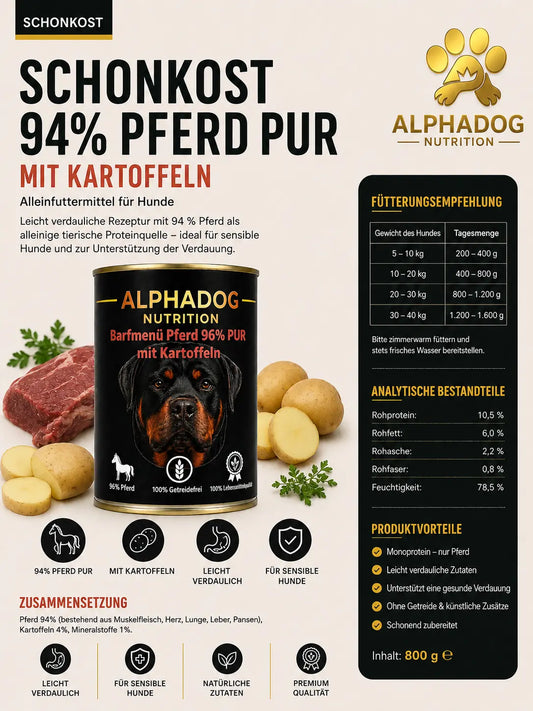 Premium Sensitiv 94% Pferd mit Kartoffeln - Schonkost Alphadog Nutrition
