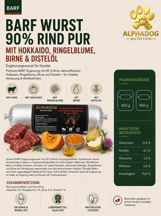 BARF Ergänzungswurst 90% Rind PUR mit Hokkaido & Birne - Stumpfes Fell, + trockene Haut Alphadog Nutrition