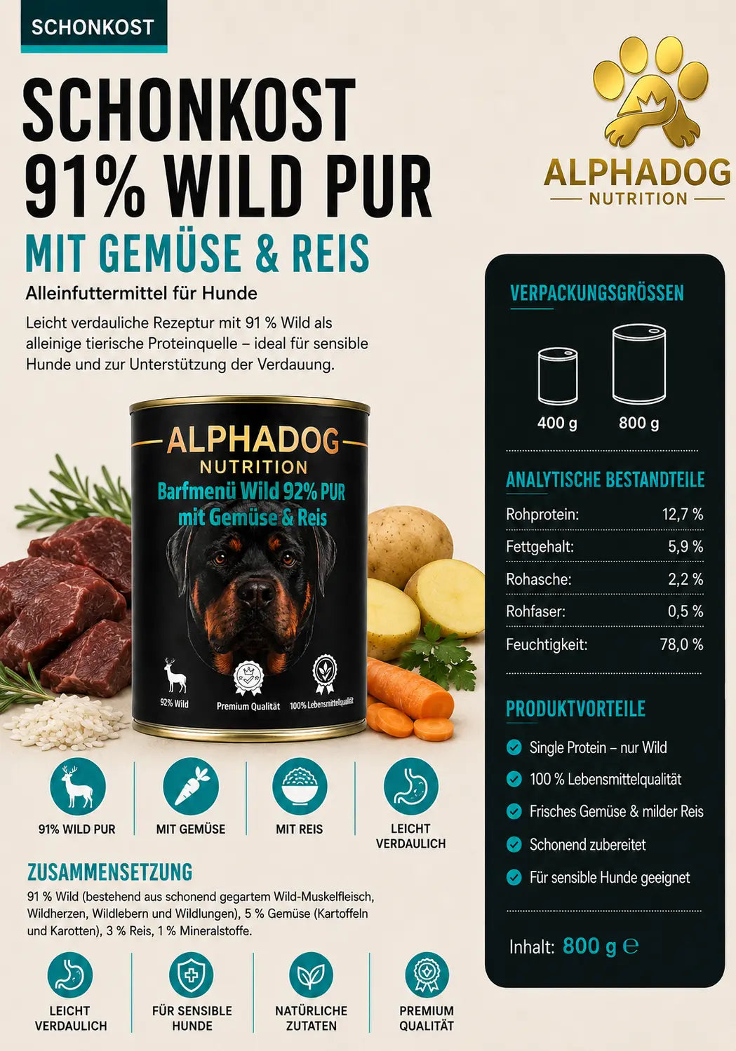 Premium Sensitiv 91% Wild mit Gemüse & Reis - Verdauung Alphadog Nutrition