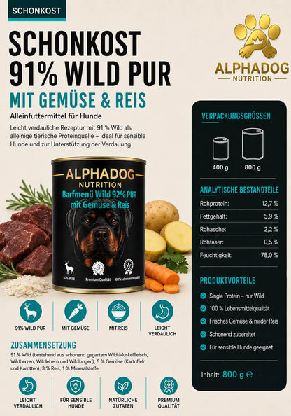 Premium Sensitiv 91% Wild mit Gemüse & Reis - Verdauung Alphadog Nutrition