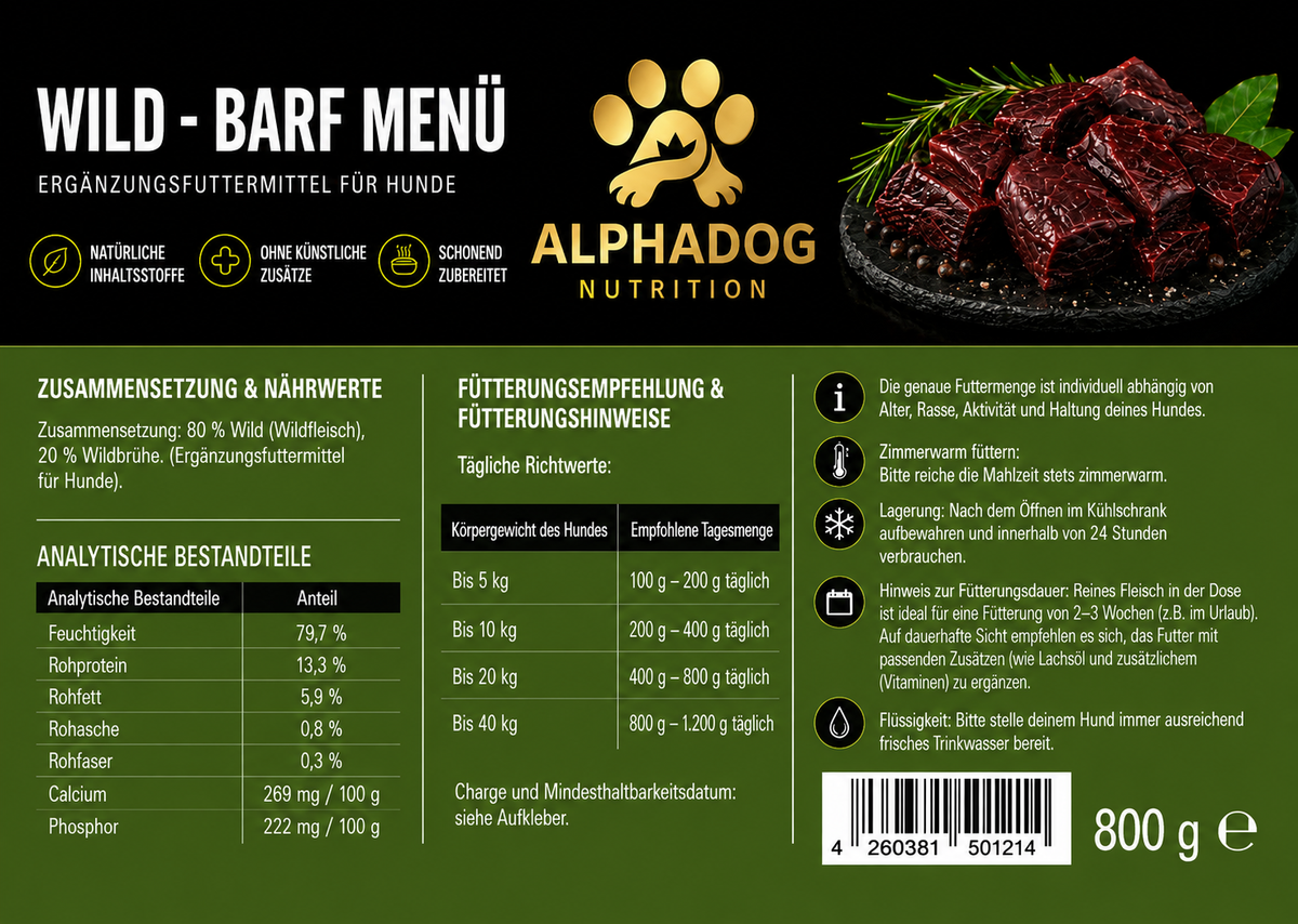 100% Wild PUR, BARF Menü Ergänzungsfuttermittel - Monoprotein, Sensetiv Alphadog Nutrition