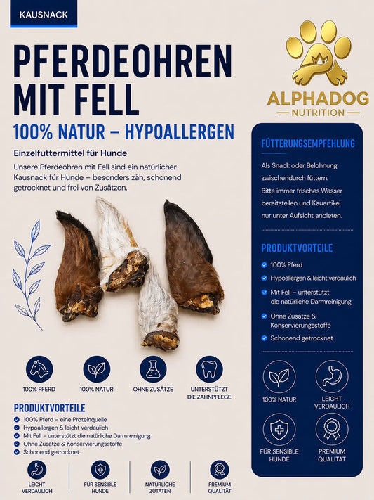 Premium 100% Pferdeohren mit Fell - Verdauung, + Allergien Alphadog Nutrition