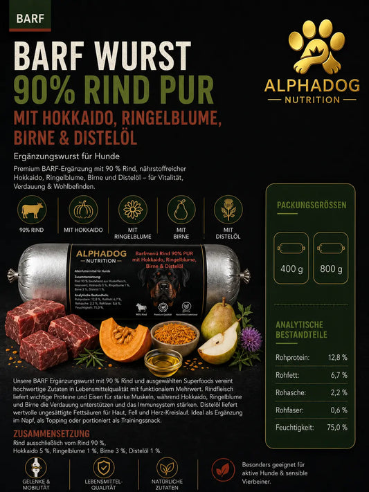 BARF Ergänzungswurst 90% Rind PUR mit Hokkaido & Birne - Stumpfes Fell, trockene Haut Alphadog Nutrition