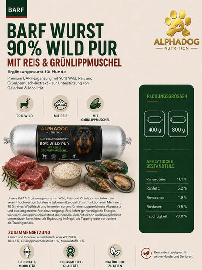 BARF Ergänzungswurst 90% Wild PUR mit Reis & Grünlippmuschel - Gelenkschutz, + Mobilität Alphadog Nutrition