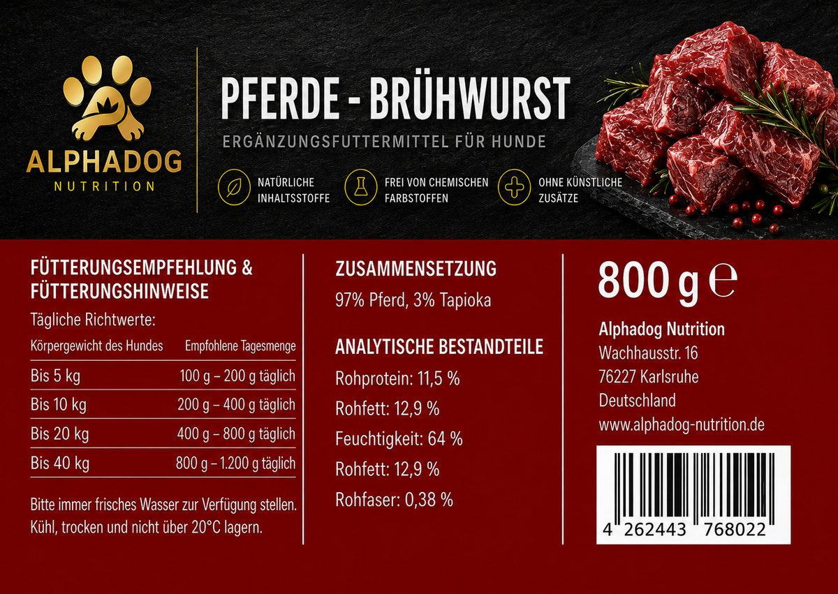 97% Pferdefleisch PUR Trainingswurst - BARF Ergänzungswurst Alphadog Nutrition