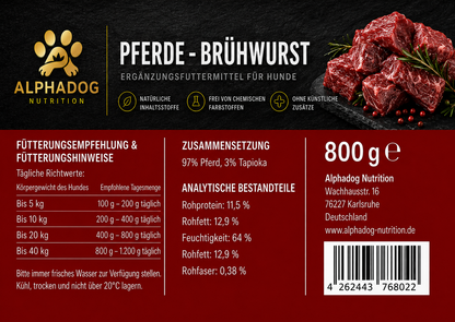 97% Pferdefleisch PUR Trainingswurst - BARF Ergänzungswurst Alphadog Nutrition