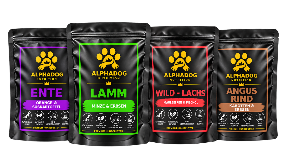 Probierpaket für wählerische Hunde 2kg oder 4kg - Mit Lamm, Rind, Ente, Wild & Lachs – von Alphadog Nutrition