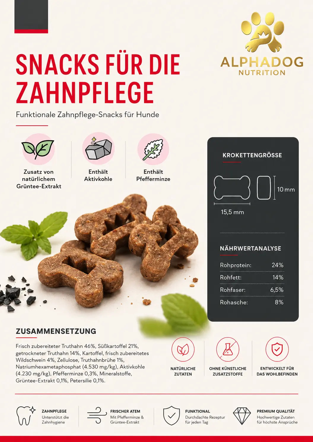 Supplements, Zahnpflege Snacks, Gebiss & Atem 60% Fleischanteile Alphadog Nutrition