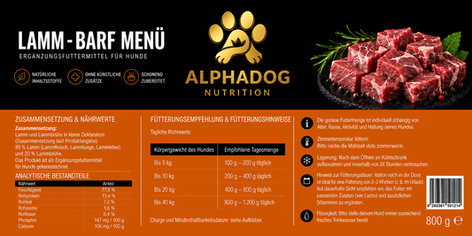 100% Lamm PUR, BARF Menü Ergänzungsfuttermittel - Monoprotein, Sensetiv Alphadog Nutrition