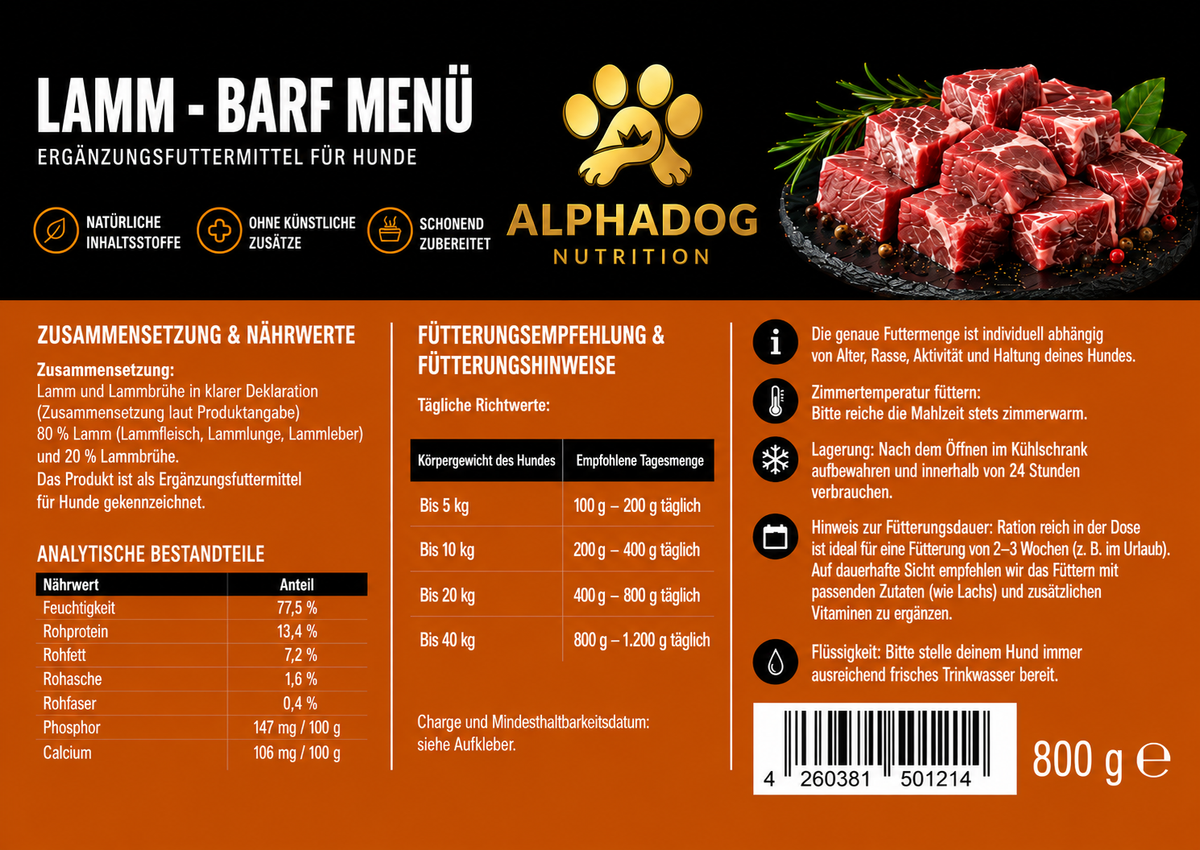 100% Lamm PUR, BARF Menü Ergänzungsfuttermittel - Monoprotein, Sensetiv Alphadog Nutrition