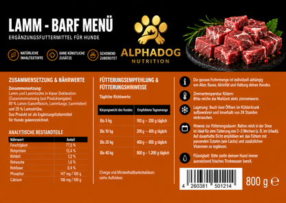 100% Lamm PUR, BARF Menü Ergänzungsfuttermittel - Monoprotein, Sensetiv Alphadog Nutrition