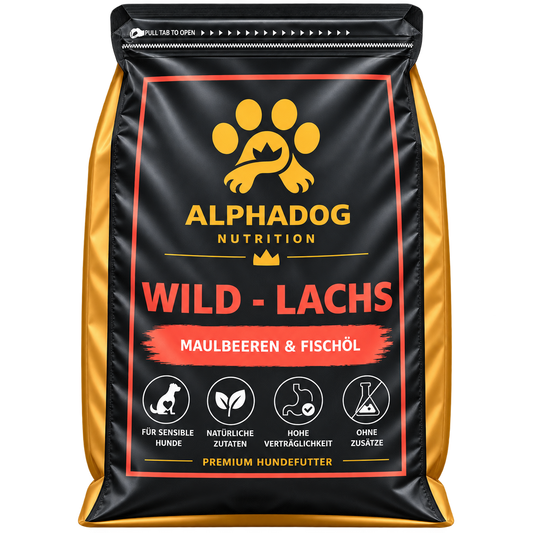 Getreidefreies Trockenfutter 50% Wild & Lachs davon 26% frischem Wild mit 6% Erbsen, 27% Süßkartoffel, Fischöl & Maulbeere - Immunsystem, Haut & Fell – ga-petfo