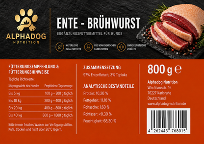 97% Entenfleisch PUR Trainingswurst - BARF Ergänzungswurst Alphadog Nutrition