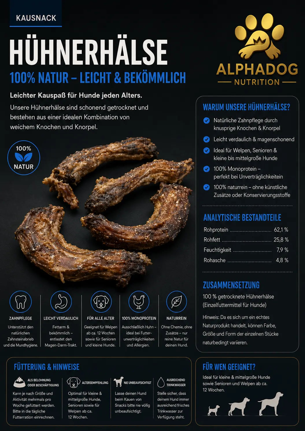 Premium 100% Hühnerhälse - Futtermittelallergien, Zahnbelag Alphadog Nutrition
