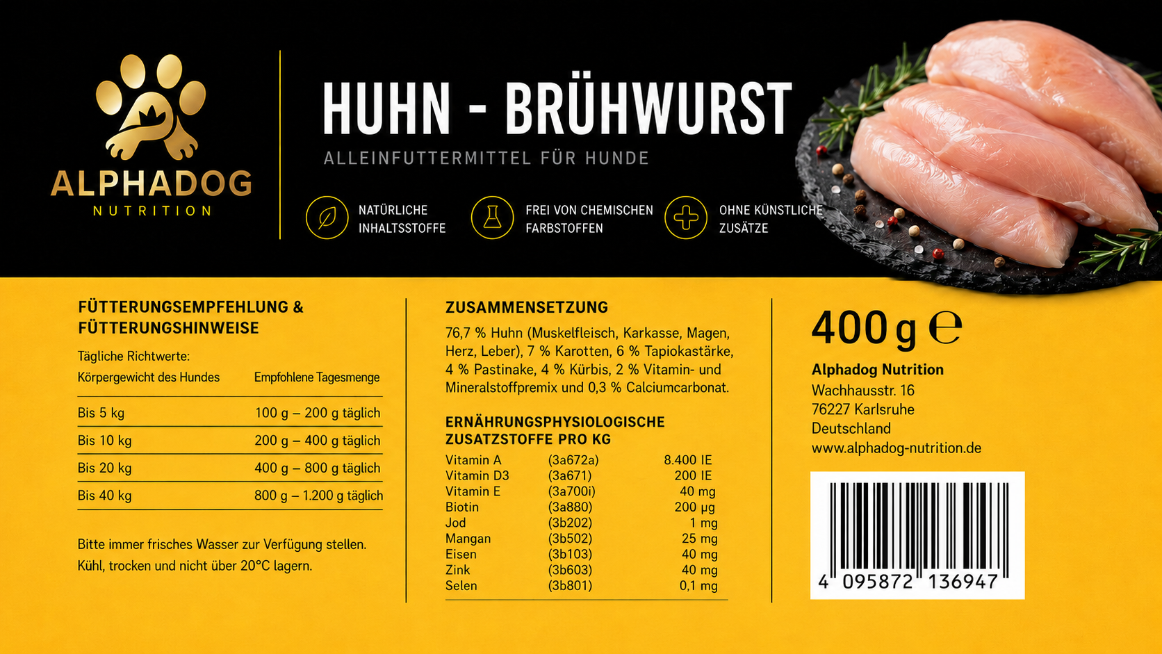 Huhn BARF Wurst Menü mit Kürbis, Pastinake & Karotten, Alleinfuttermittel - Verdauung, Immunsystem Alphadog Nutrition
