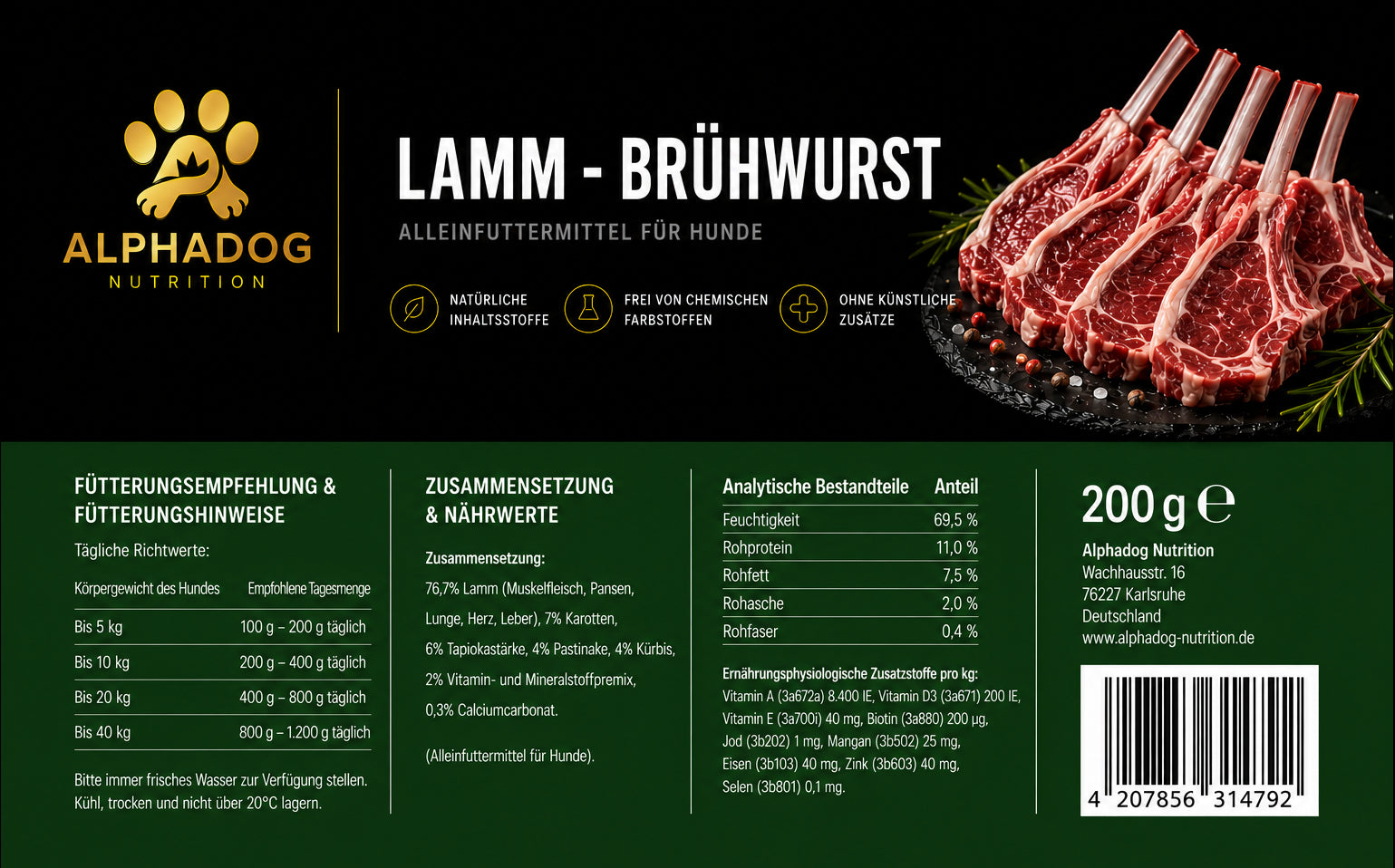 Lamm BARF Wurst Menü mit Kürbis, Pastinake & Karotten, Alleinfuttermittel - Magen-Darm-Schonung Alphadog Nutrition