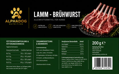 Lamm BARF Wurst Menü mit Kürbis, Pastinake & Karotten, Alleinfuttermittel - Magen-Darm-Schonung Alphadog Nutrition